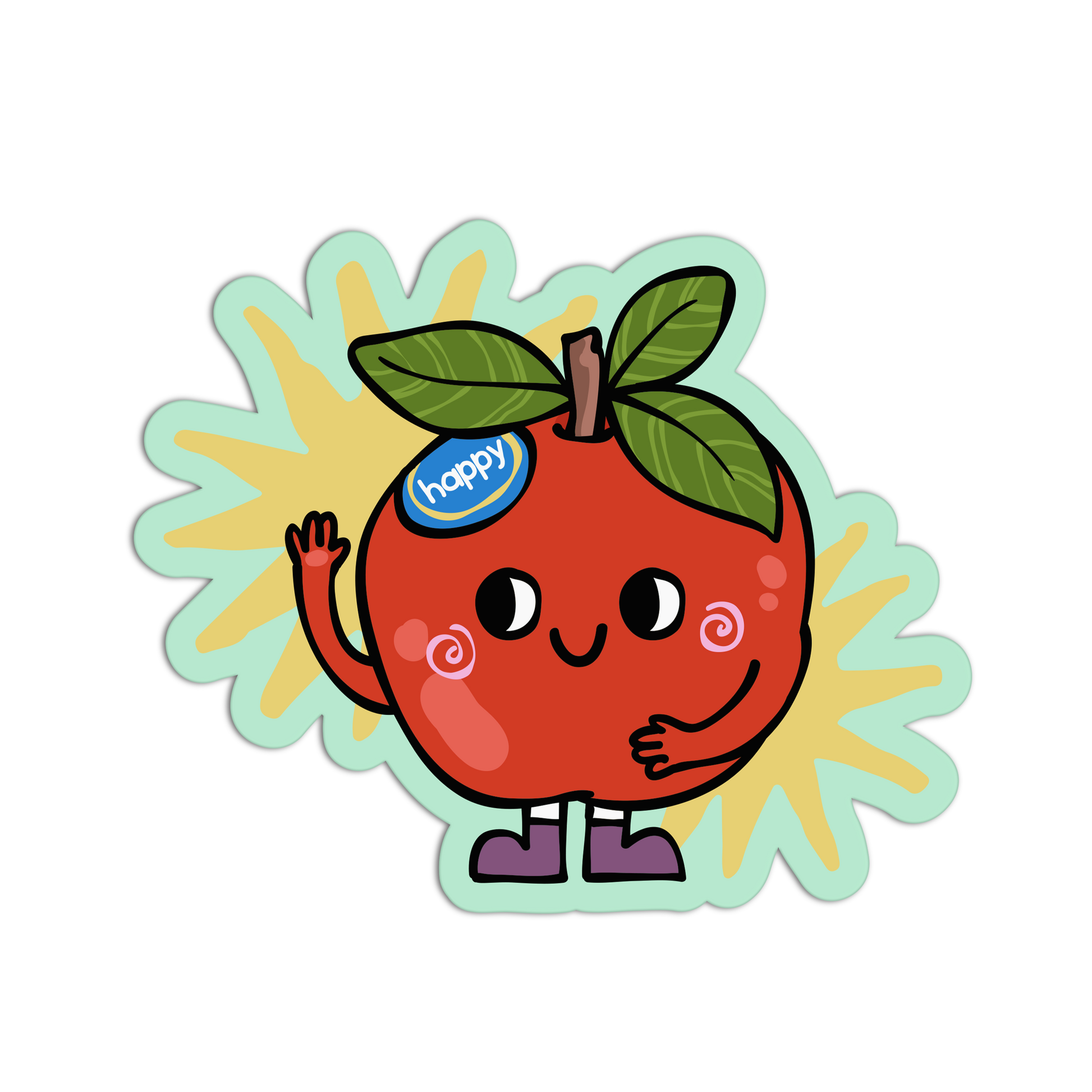 Cartoon peach character with a happy expression and a leafy top on a transparent background