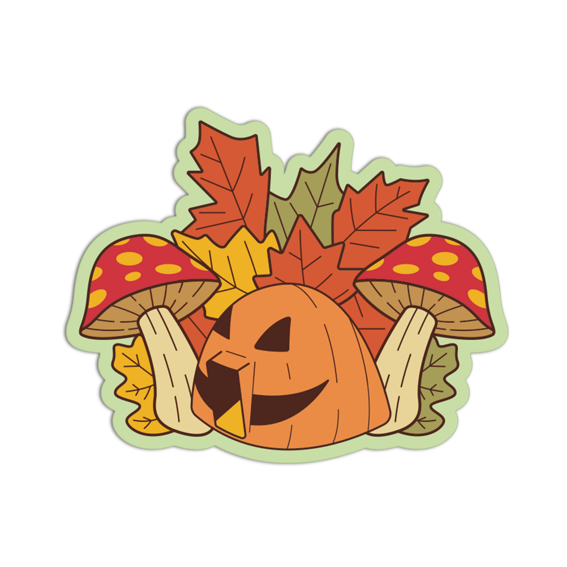 A die-cut sticker featuring a cartoon jack-o'-lantern surrounded by autumn leaves, mushrooms, and acorns on a white background.
