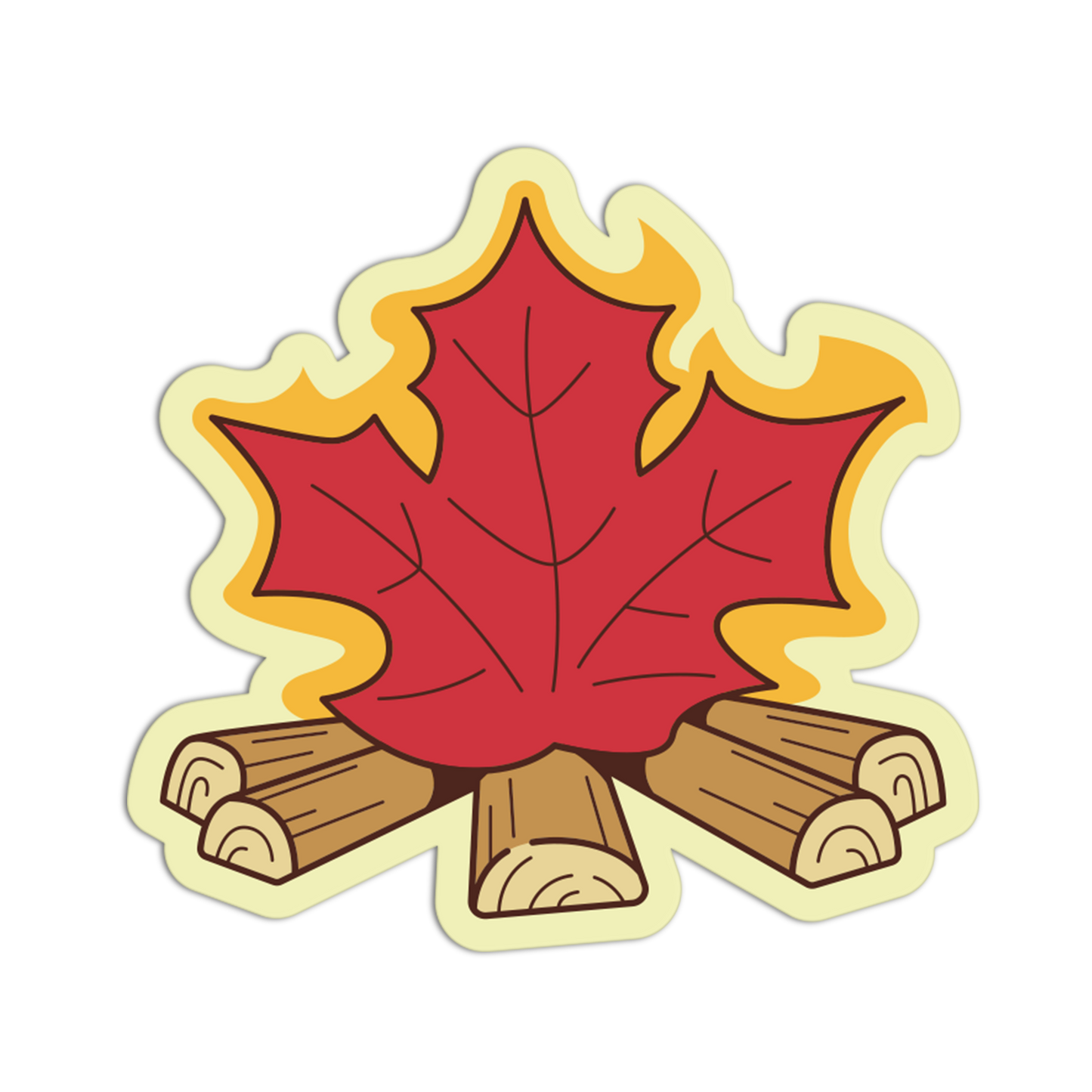A die-cut sticker featuring a red maple leaf above four brown logs, outlined with yellow flame-like edges and a pale cream border, shown on a plain white background.