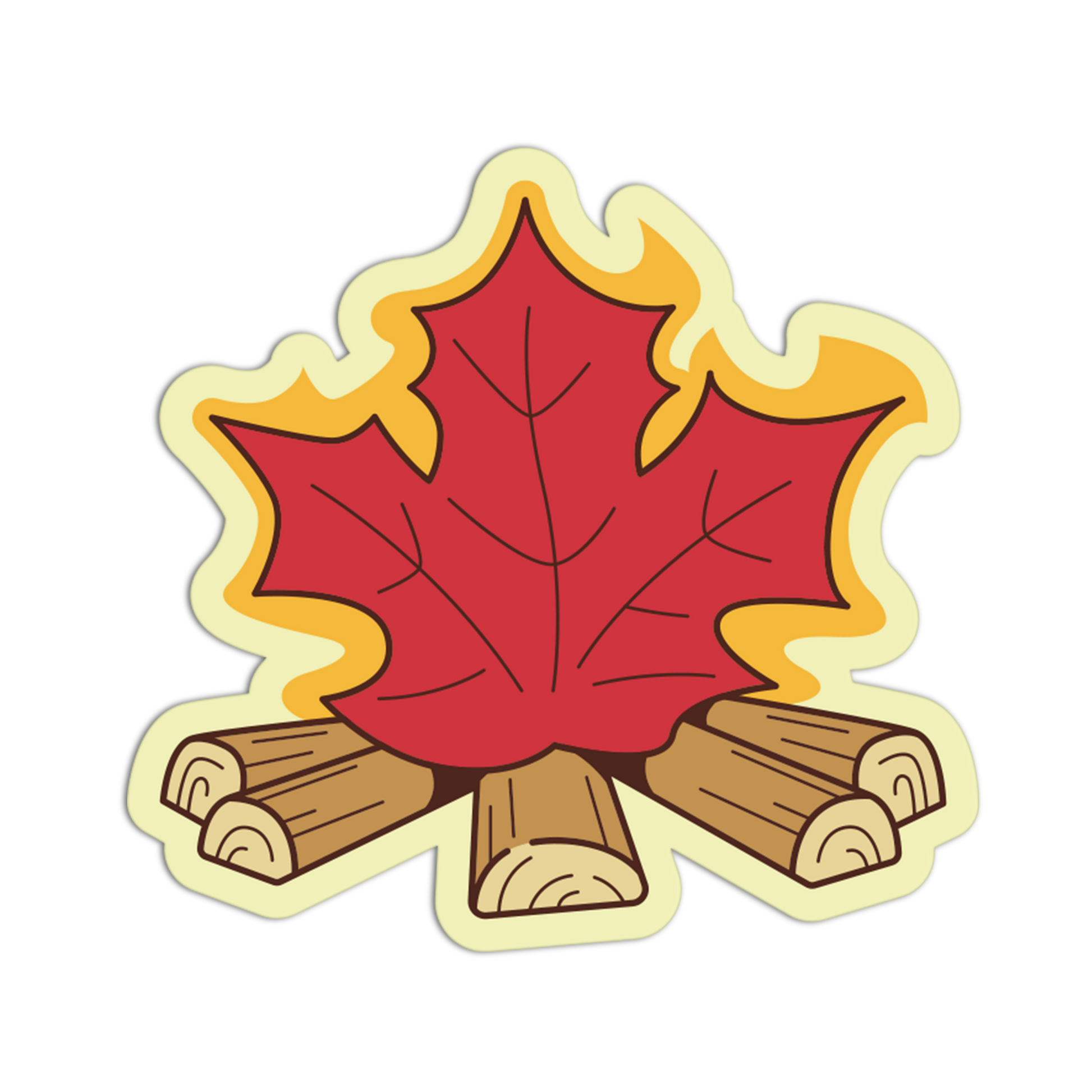 A die-cut sticker featuring a red maple leaf above four brown logs, outlined with yellow flame-like edges and a pale cream border, shown on a plain white background.