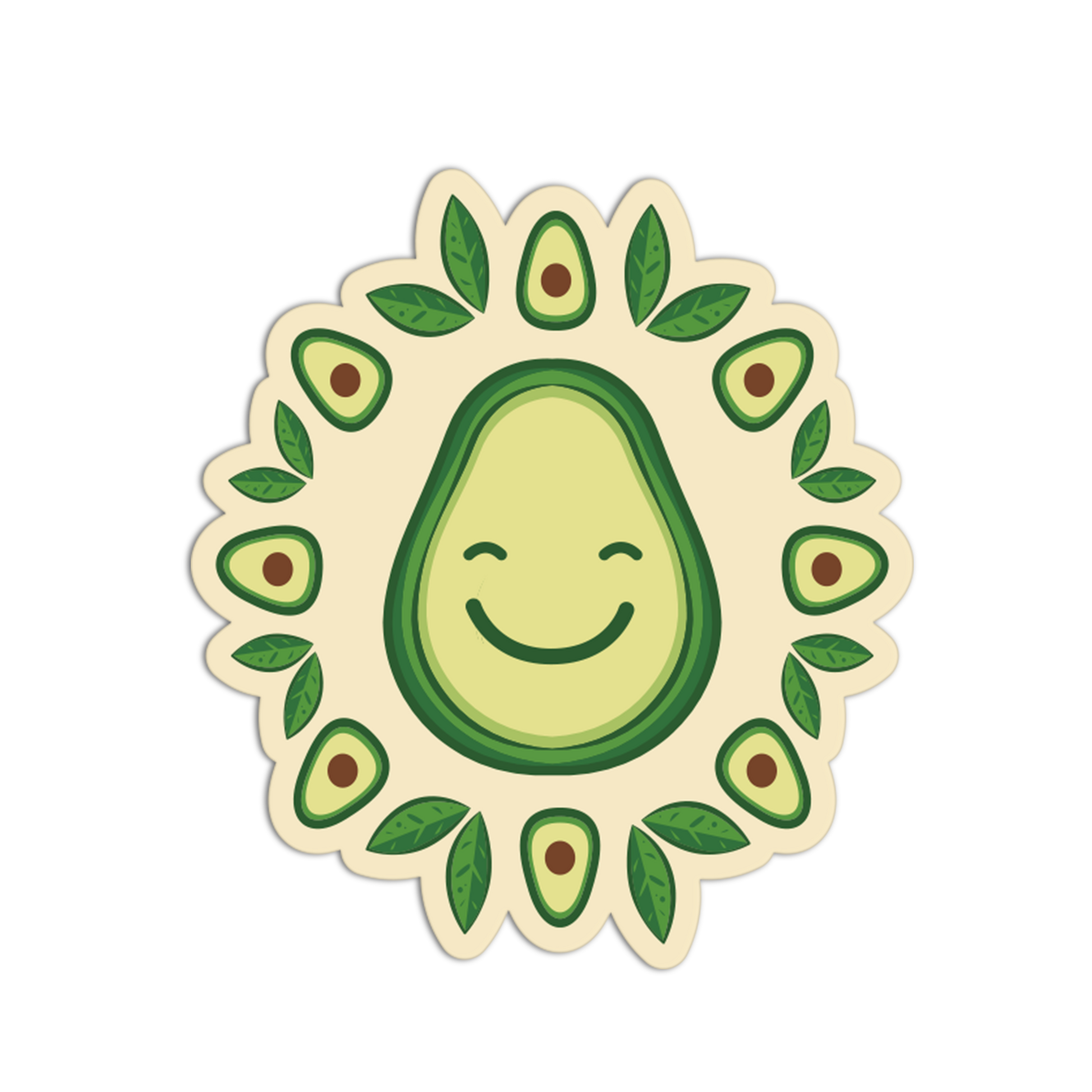 Cartoon avocado with a smile surrounded by smaller avocados on a white background