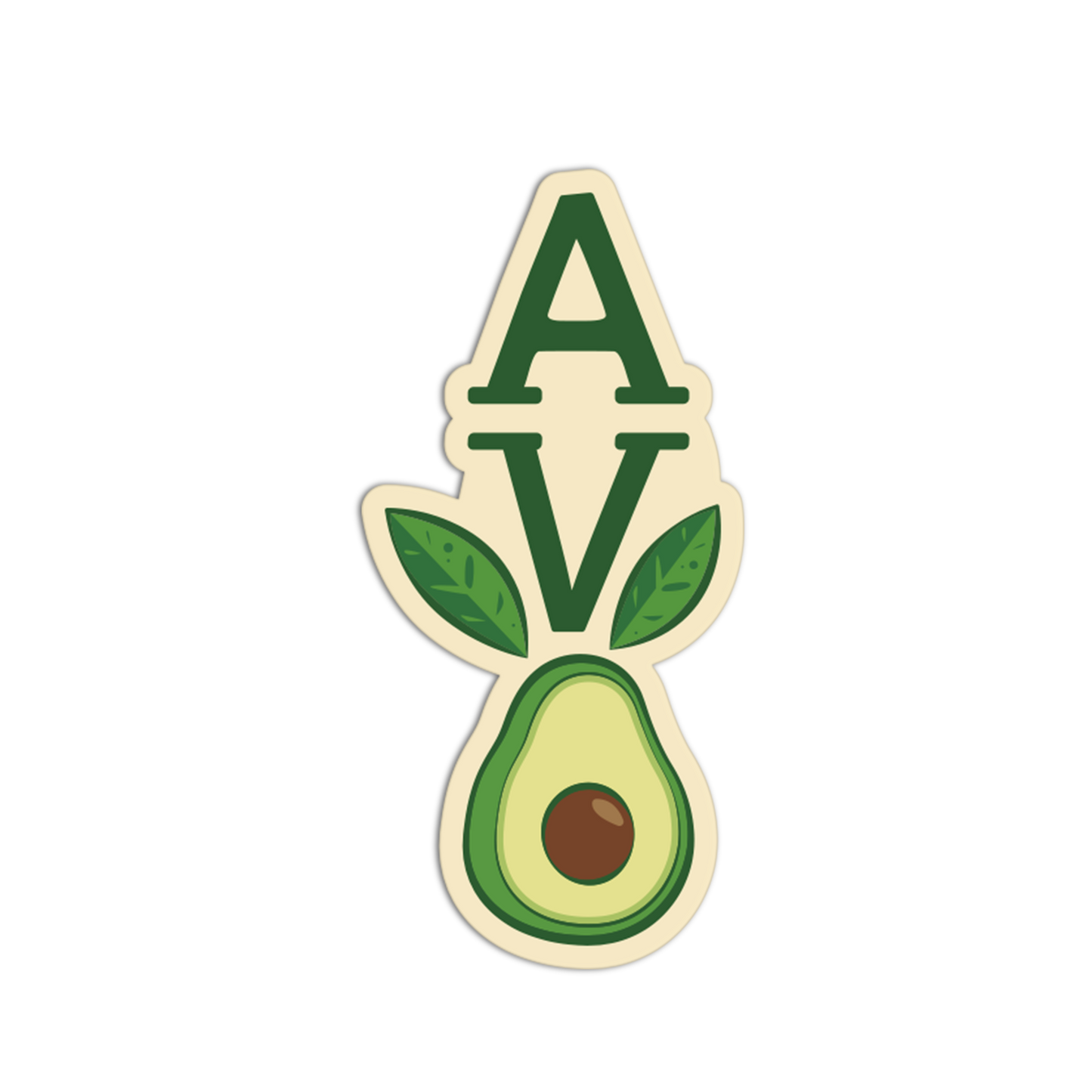 Avocado-shaped sticker with 'AV' letters on a white background
