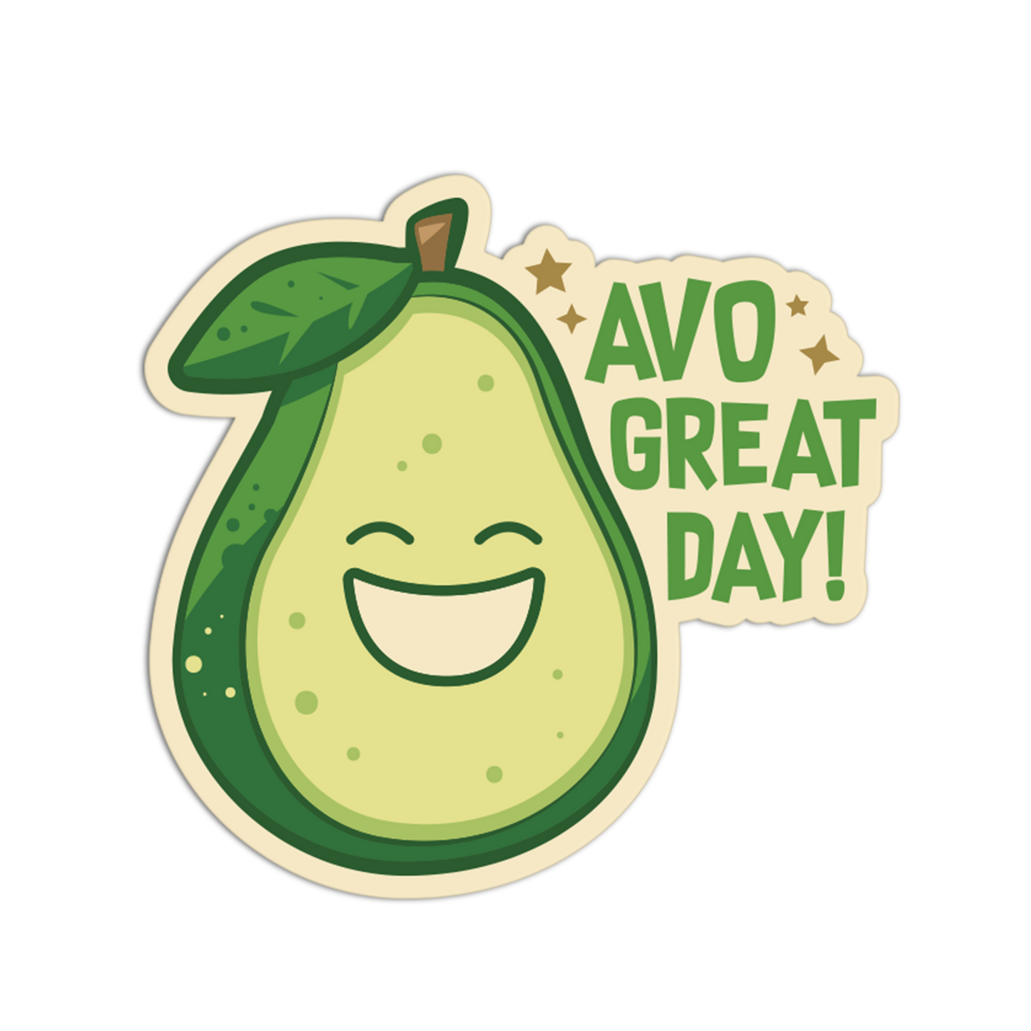 Cartoon avocado with a smile and 'Avogreat Day!' text on a white background