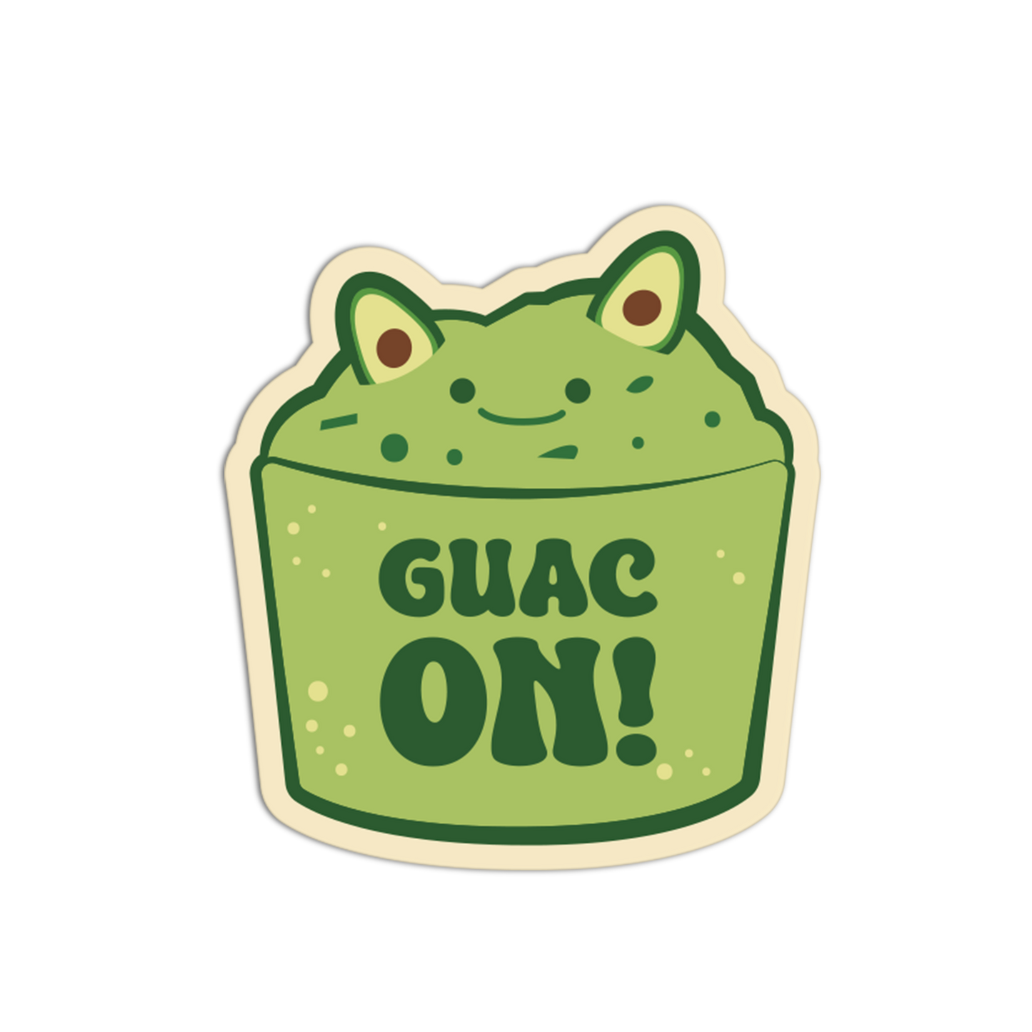 Sticker of a green container with a face, labeled 'GUAC ON!' on a white background