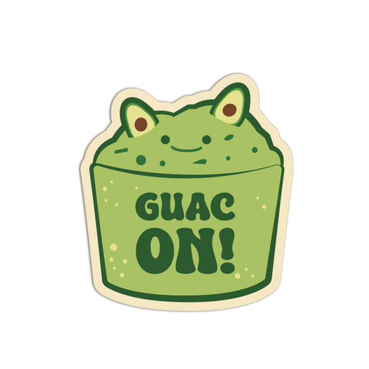 Sticker of a green container with a face, labeled 'GUAC ON!' on a white background
