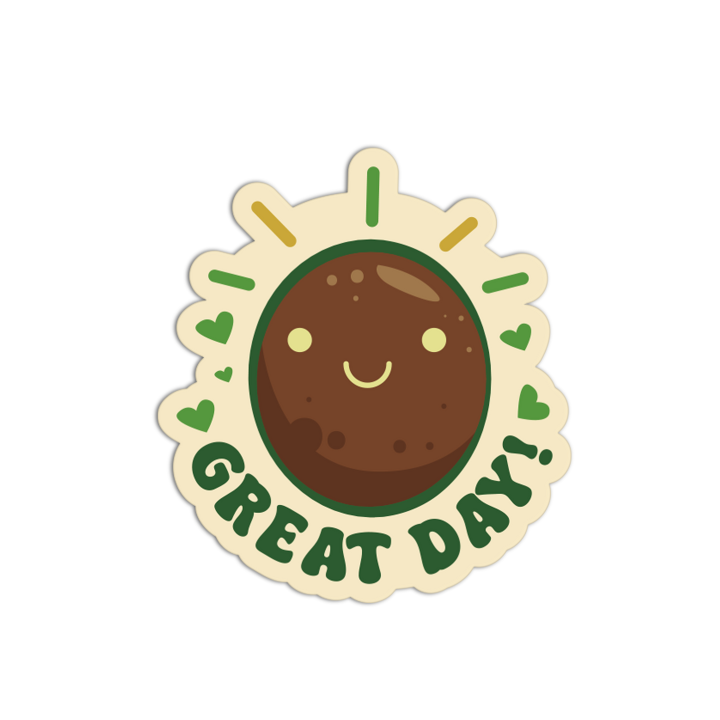 Sticker with a smiling brown circle and 'Great Day!' text on a white background