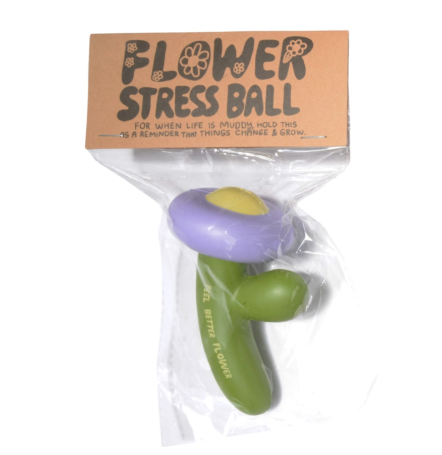 Flower-shaped stress ball in clear packaging with a brown label on a white background