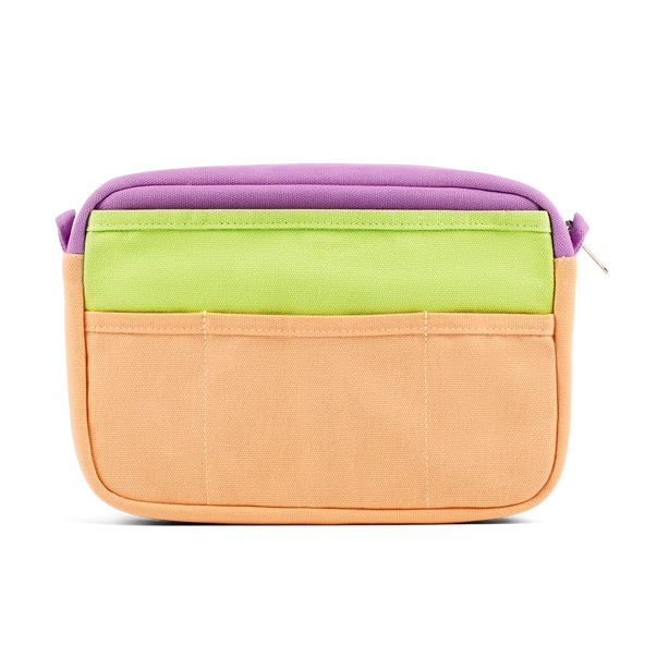 Multicolored pouch with purple top, green middle, and orange bottom on a white background