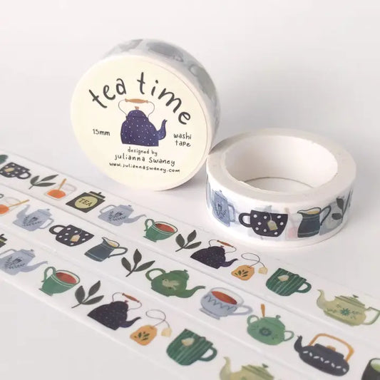 Tea-themed washi tape with 'tea time' text on a white background
