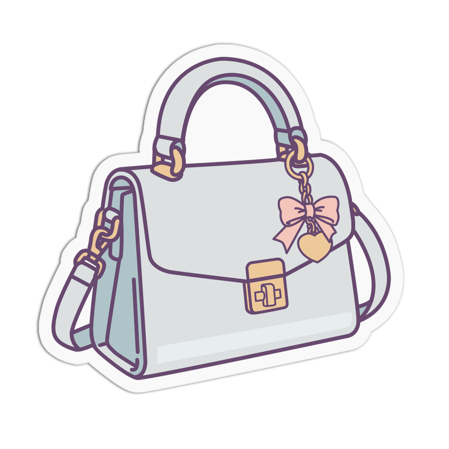 A die-cut sticker illustration of a structured handbag in pale blue-gray with purple outlines, a pink bow charm, and a gold heart keychain, shown on a white background.
