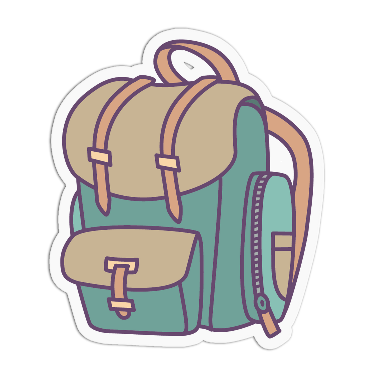 A die-cut sticker featuring a stylized illustration of a school backpack in teal green and tan with brown straps, shown on a plain white background.