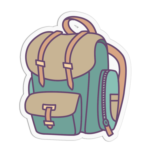A die-cut sticker featuring a stylized illustration of a school backpack in teal green and tan with brown straps, shown on a plain white background.
