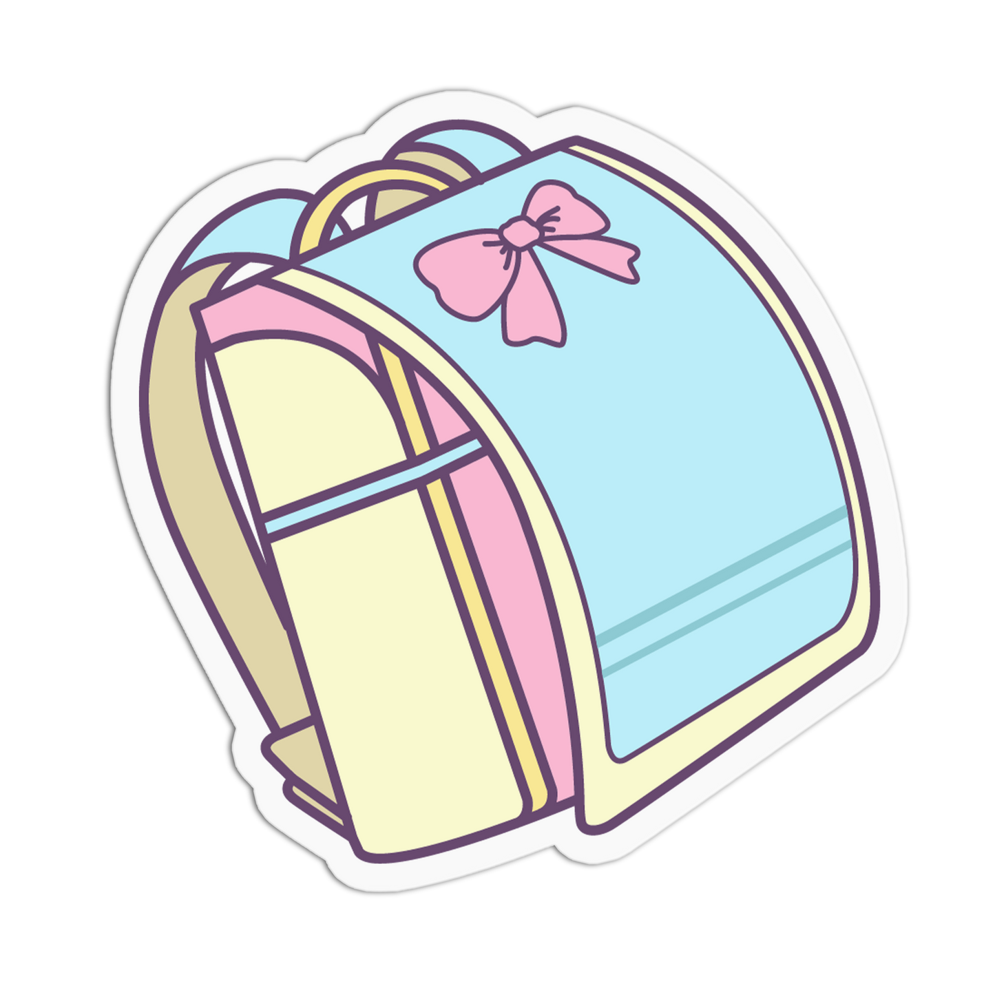 A die-cut sticker featuring a cute, pastel-colored school backpack illustration. The backpack has a light blue front panel with a pink bow, cream-colored side panels, and purple outlines, all set against a plain white background.