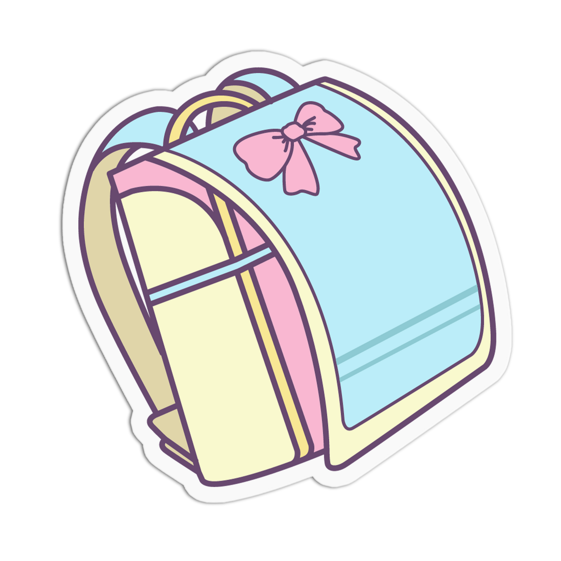 A die-cut sticker featuring a cute, pastel-colored school backpack illustration. The backpack has a light blue front panel with a pink bow, cream-colored side panels, and purple outlines, all set against a plain white background.