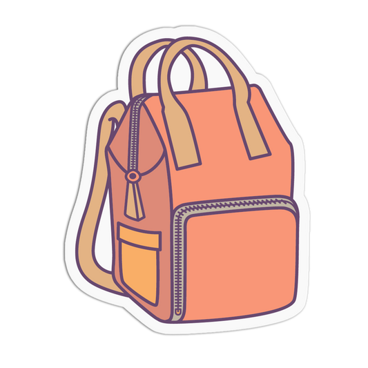 A stylized die-cut sticker or decal showing a peach-orange backpack with tan handles and a yellow front pocket, outlined in dark purple and white, on a plain white background.