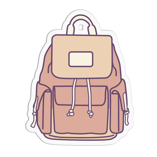 A stylized illustrated backpack sticker or decal shown on a plain white background. The backpack is drawn in soft peach and beige tones with dark purple outline details and white drawstrings.