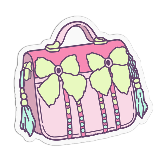 A stylized illustrated pink handbag sticker or decal with two large pale green bows, tassel details, and a white outline on a black background.