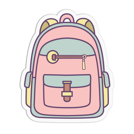 A die-cut sticker featuring a cute, minimalist cartoon illustration of a pink backpack with pastel accents, shown on a plain white background.