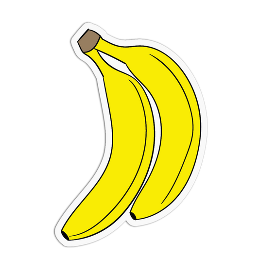 Two yellow bananas with a brown stem on a white background