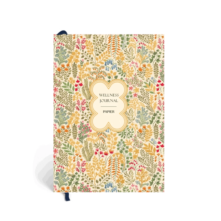 Floral-patterned wellness journal with 'Papier' branding on a white background