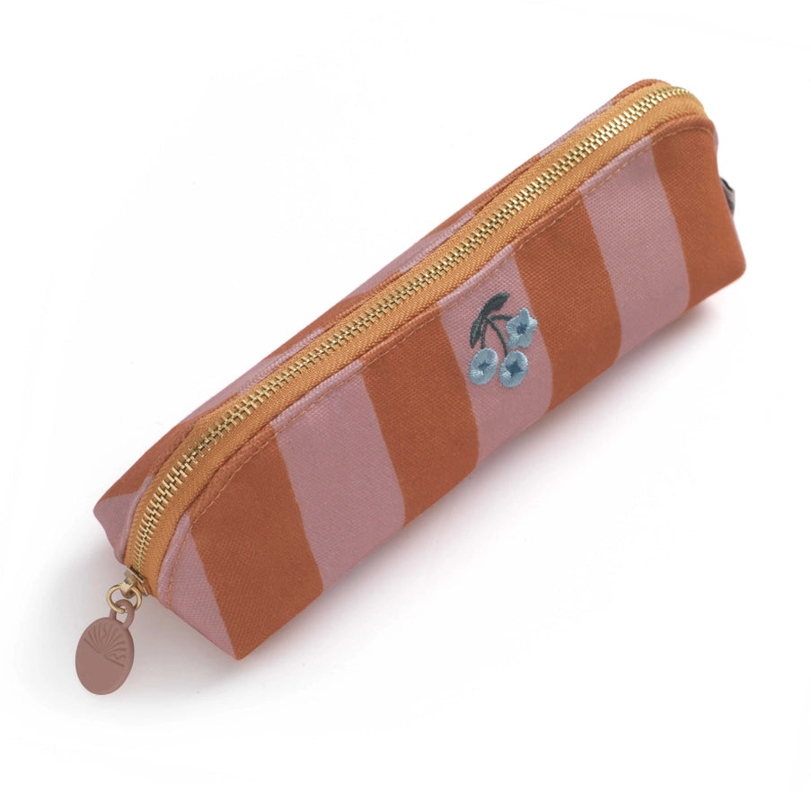 Striped pencil case with cherry design on a white background