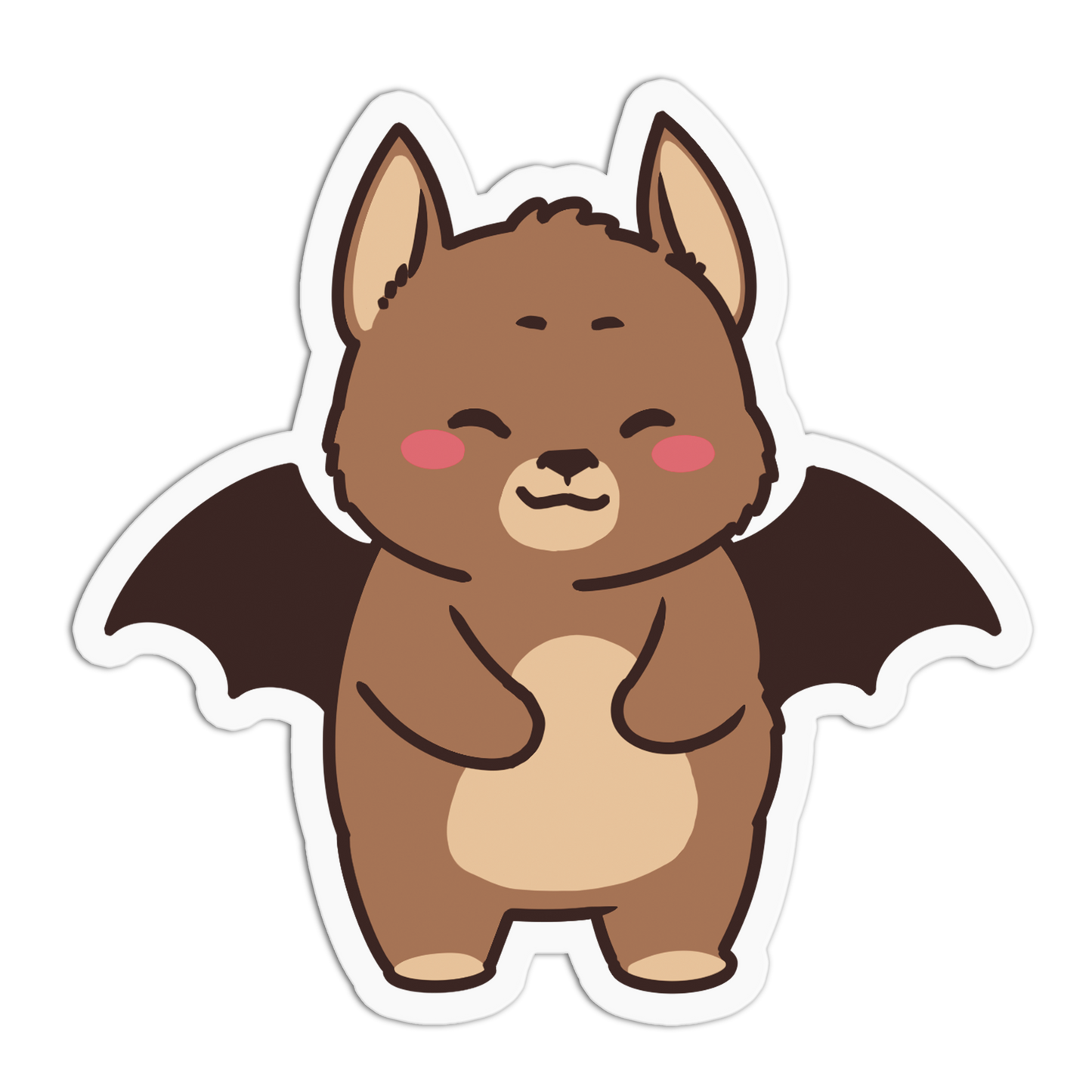 A die-cut sticker featuring a cute cartoon bat character with brown fur, pink cheeks, closed eyes, and dark wings on a white background.