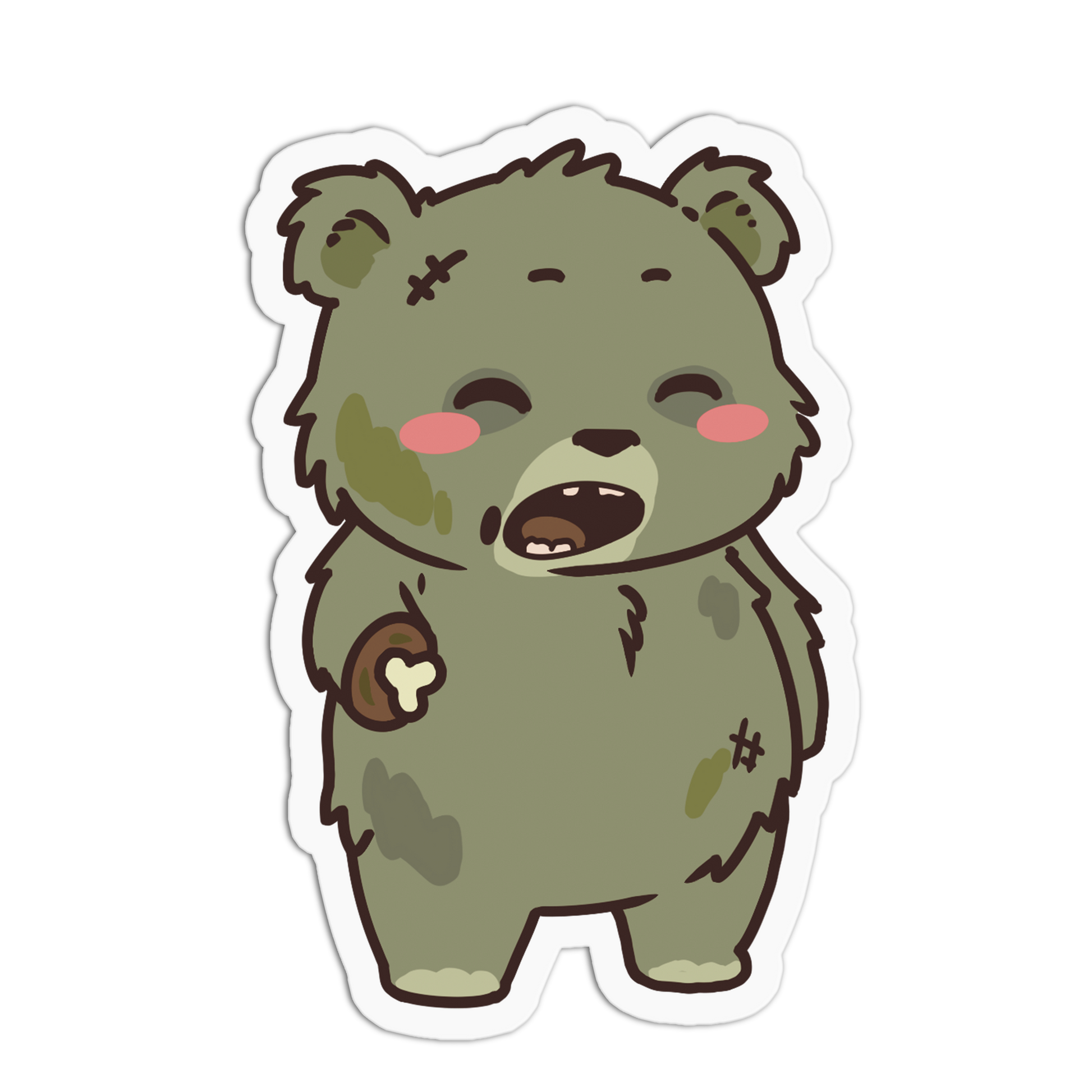 A die-cut sticker featuring a cute, distressed cartoon bear in a dirty olive-green color with pink cheeks, holding a bone, shown on a plain white background.