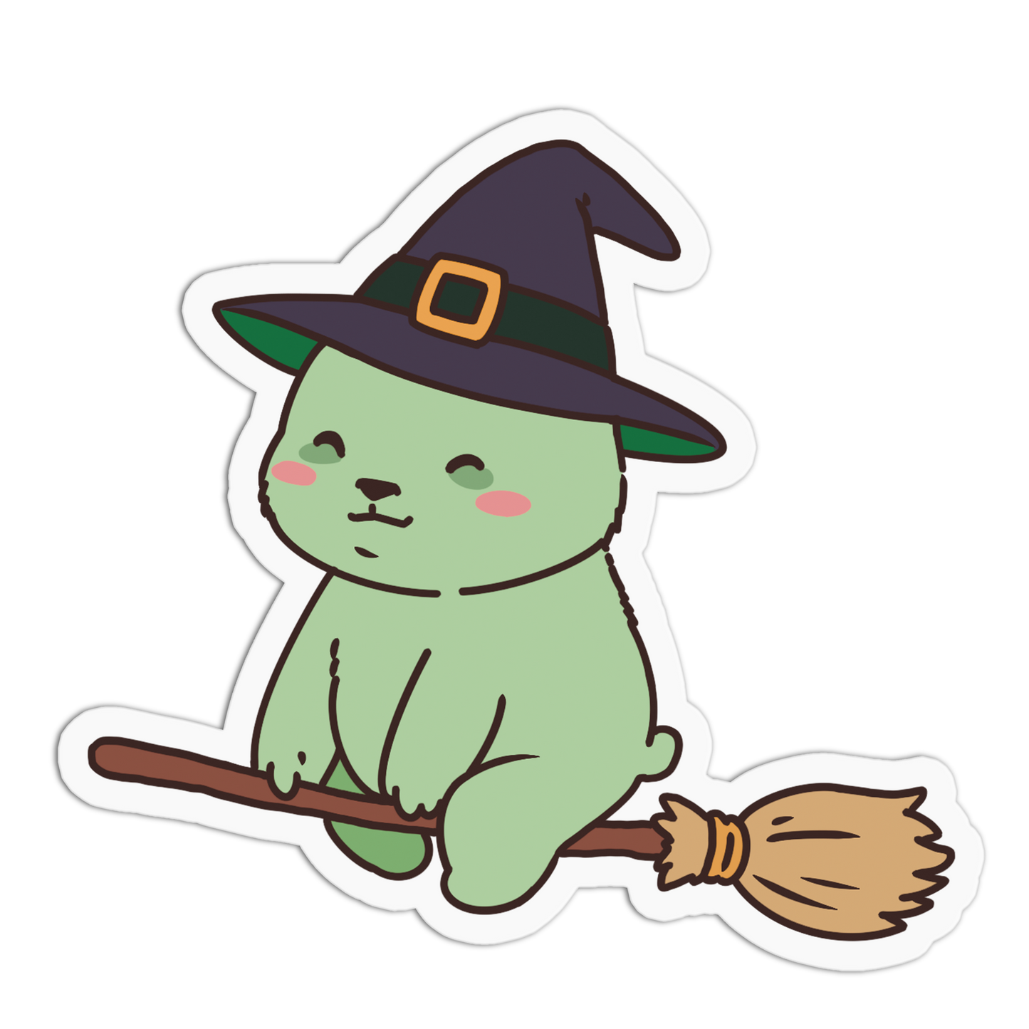 A die-cut sticker featuring a cute light green cartoon bunny wearing a dark purple witch hat with a gold buckle and sitting on a brown broomstick, shown on a plain white background.