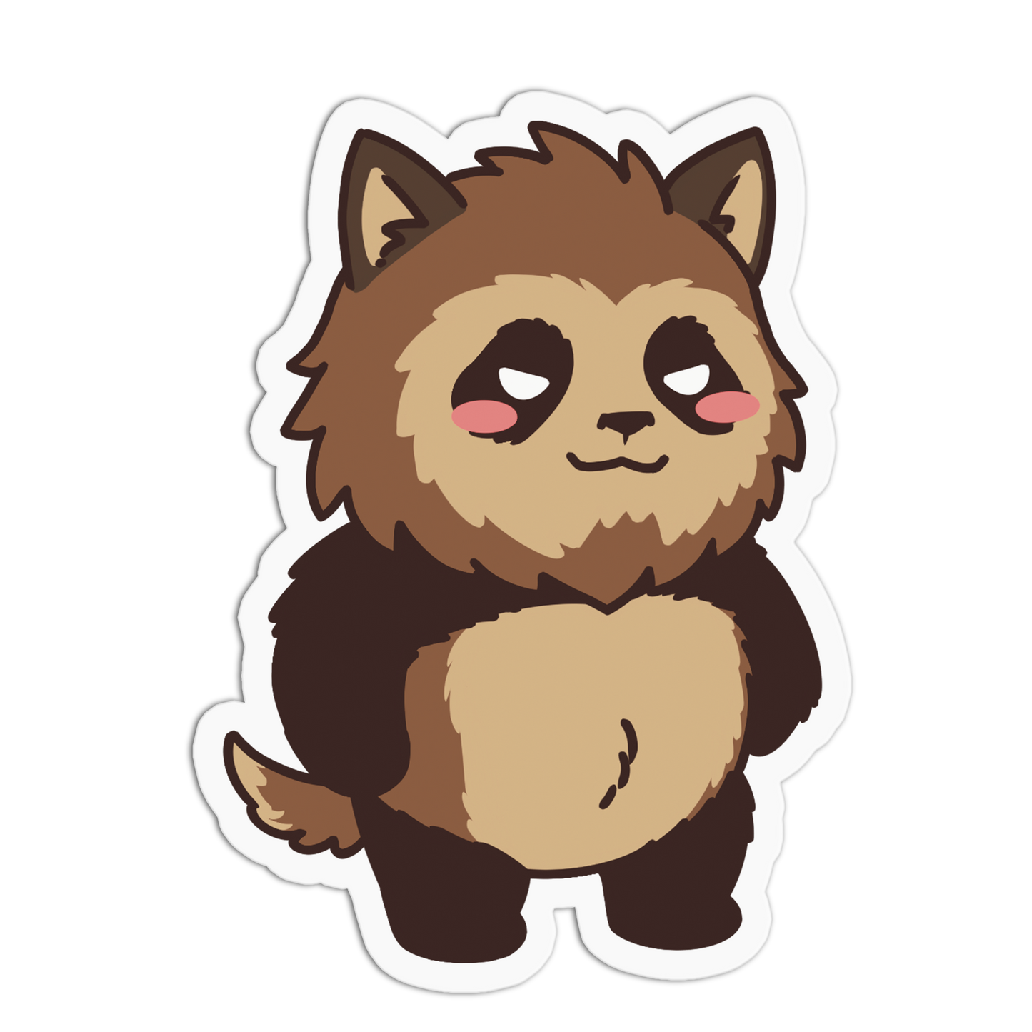 A cartoon-style die-cut sticker of a cute brown and tan furry creature with pink cheeks, shown on a plain white background.