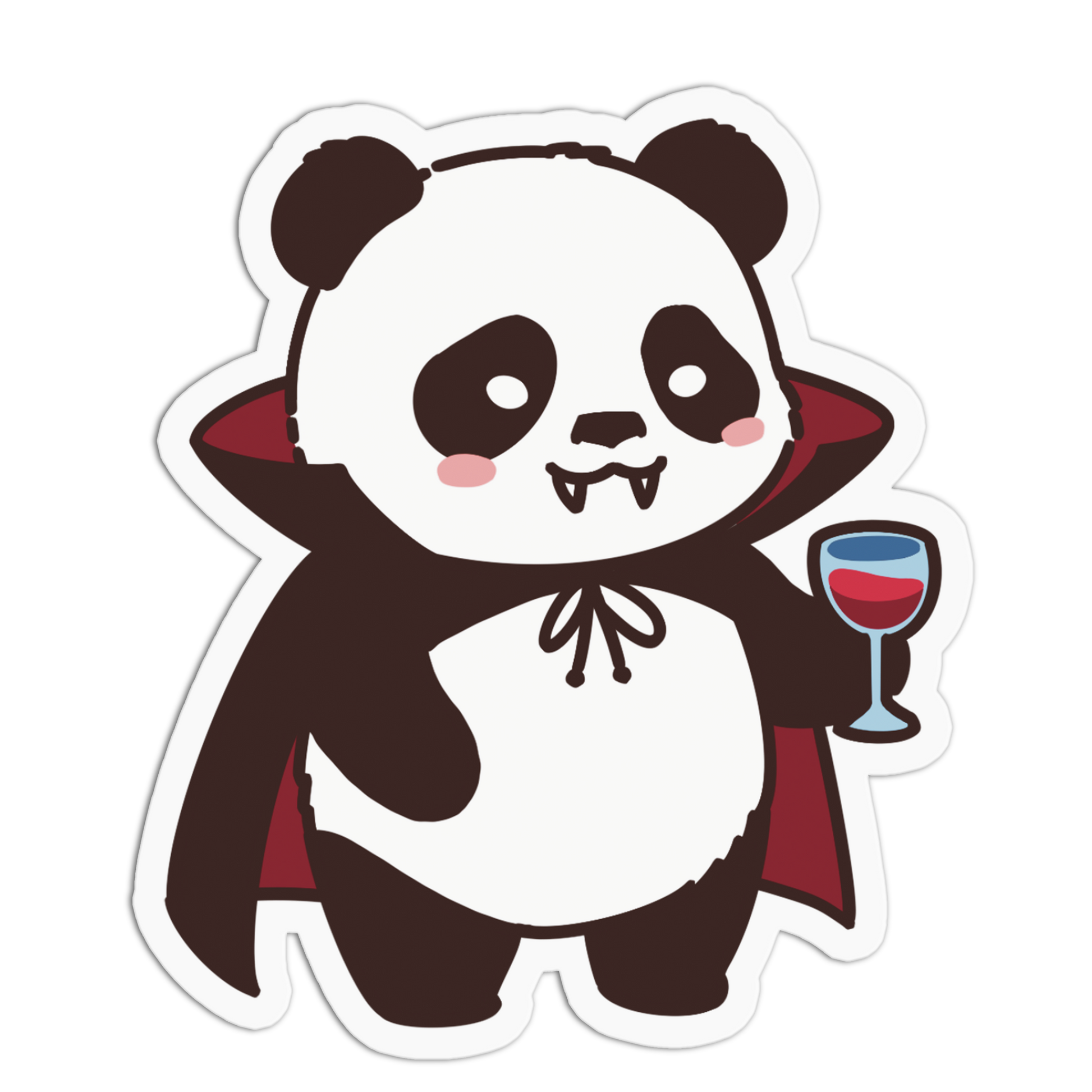 A cartoon panda dressed as a vampire with a dark red cape and holding a glass of red wine, shown as a die-cut sticker on a white background.