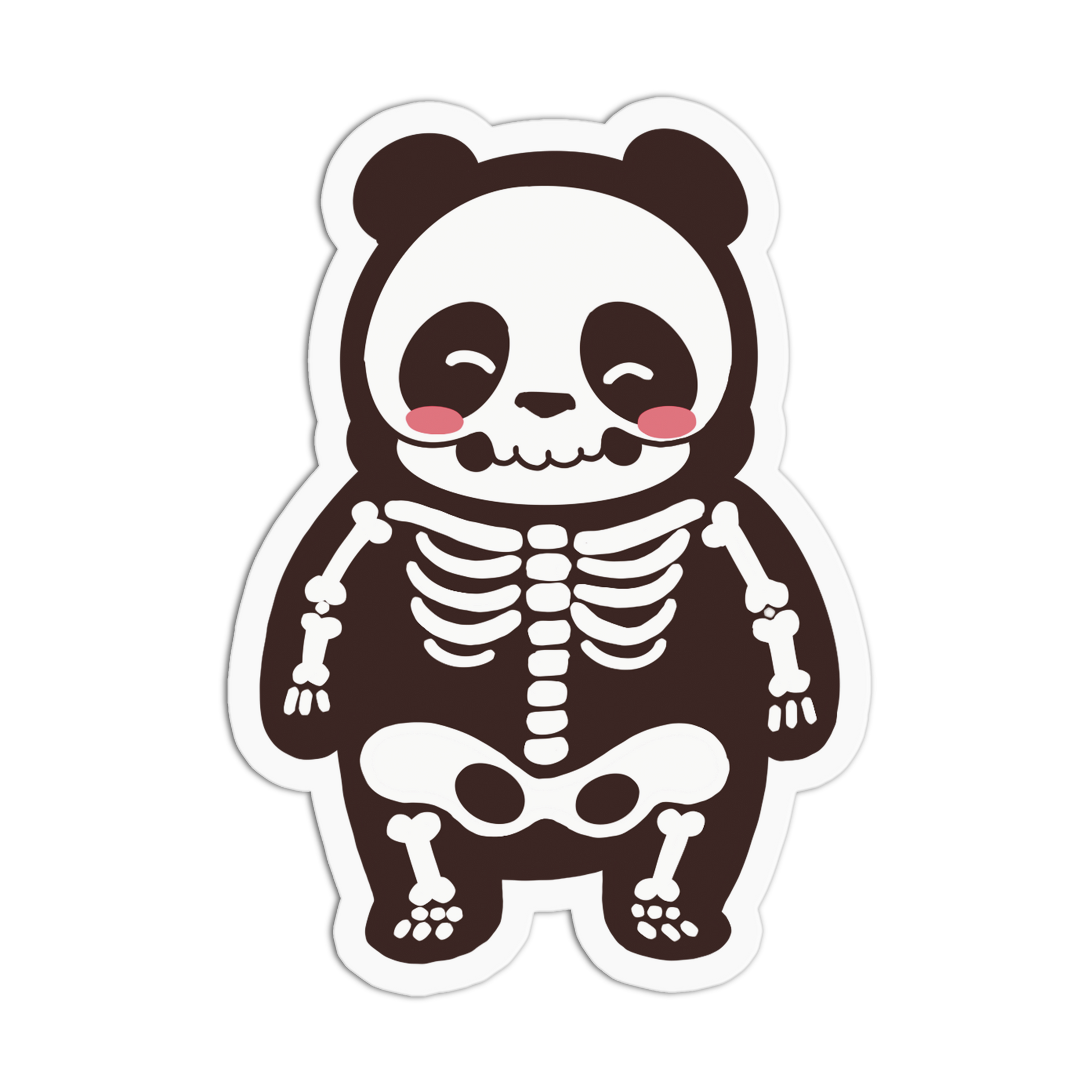 A die-cut sticker featuring a cute cartoon panda dressed in a skeleton outfit, with a white background and a thin black border.