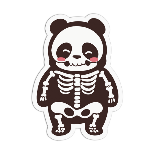 A die-cut sticker featuring a cute cartoon panda dressed in a skeleton outfit, with a white background and a thin black border.