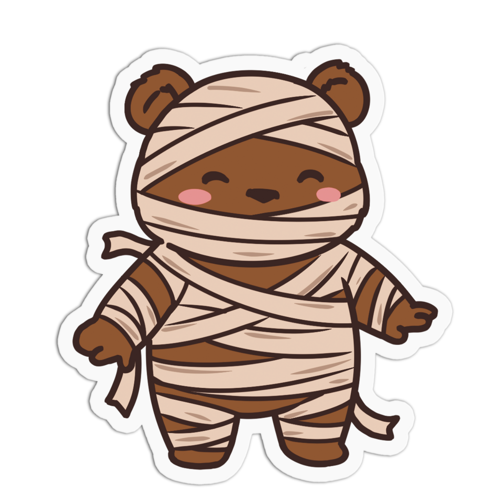 A cartoon bear character wrapped in beige bandages, shown as a die-cut sticker on a plain white background.