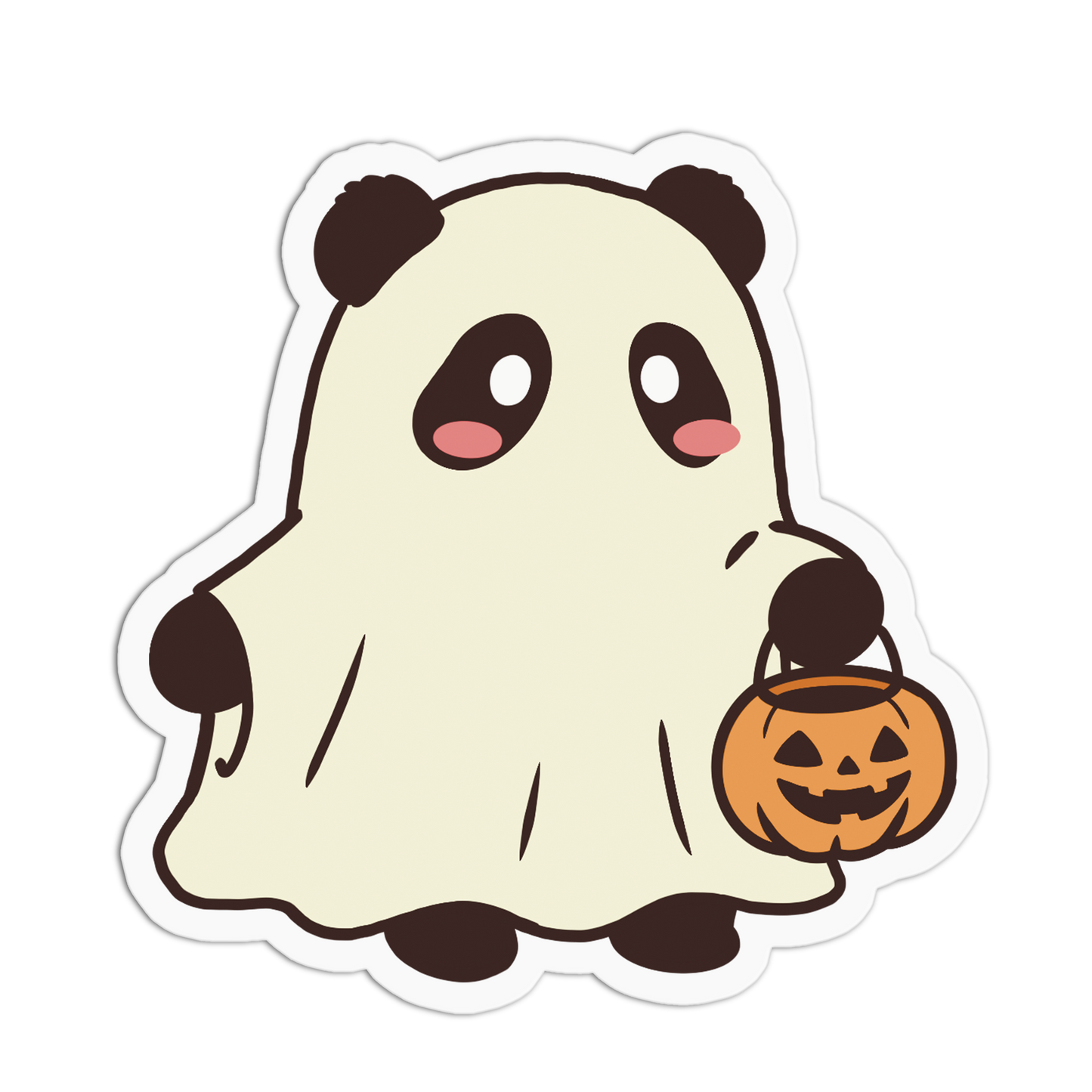 A cute cartoon ghost character wearing a white ghost sheet, with dark brown ears, feet, and hands, holding an orange jack-o'-lantern bucket. The sticker has a white border and is shown on a plain white background.