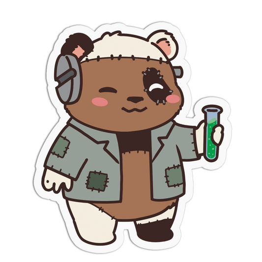 A cartoon bear character sticker or decal wearing a gray patched jacket, white hat, and dark eye patch, holding a green test tube on a plain white background.