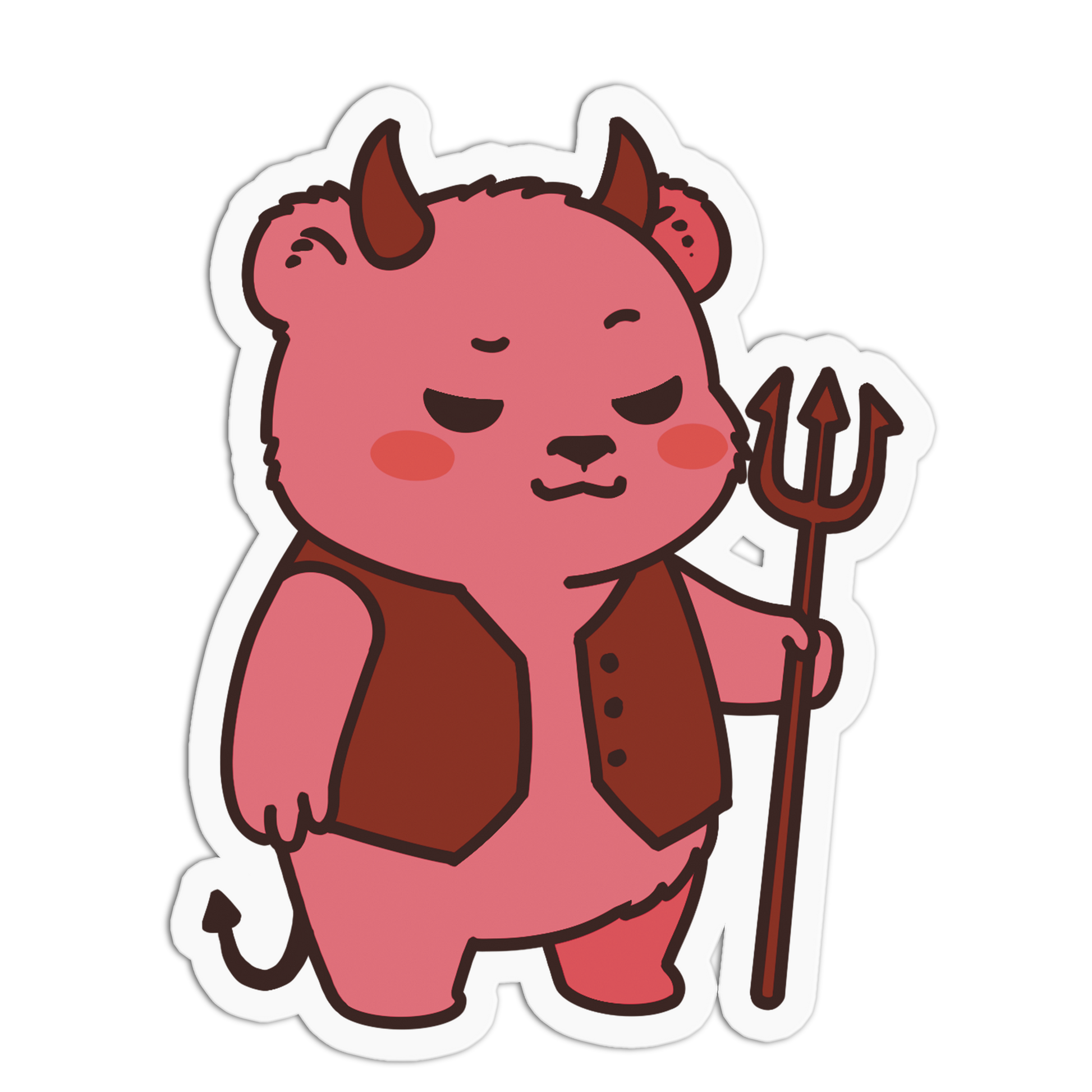 A cartoon devil bear sticker or decal with a pink bear body, brown horns, vest, and trident, shown on a plain white background.