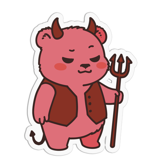 A cartoon devil bear sticker or decal with a pink bear body, brown horns, vest, and trident, shown on a plain white background.
