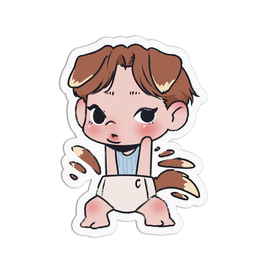 A die-cut sticker featuring a cute chibi-style cartoon baby with brown hair, a blue top, white diaper, and a brown fox tail, shown on a plain white background.