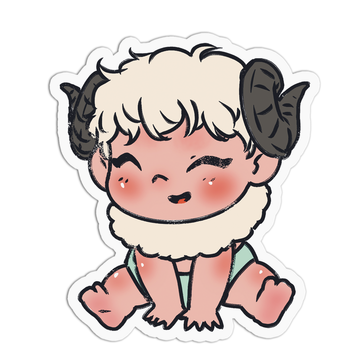 A cartoon die-cut sticker of a cute baby-like character with white curly hair, dark horns, rosy cheeks, and a fluffy white ruff around the neck, shown on a plain white background.