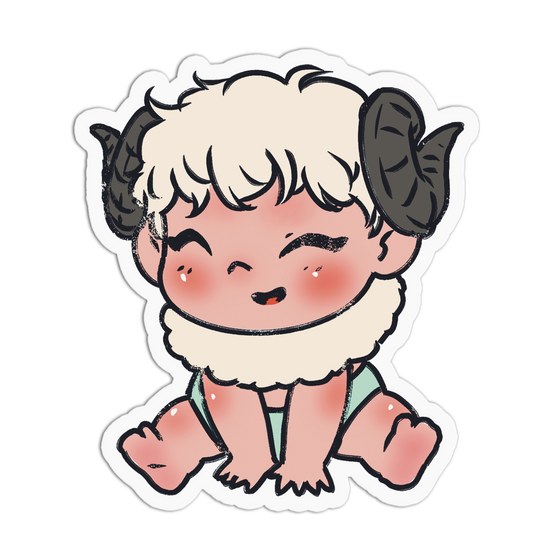 A cartoon die-cut sticker of a cute baby-like character with white curly hair, dark horns, rosy cheeks, and a fluffy white ruff around the neck, shown on a plain white background.