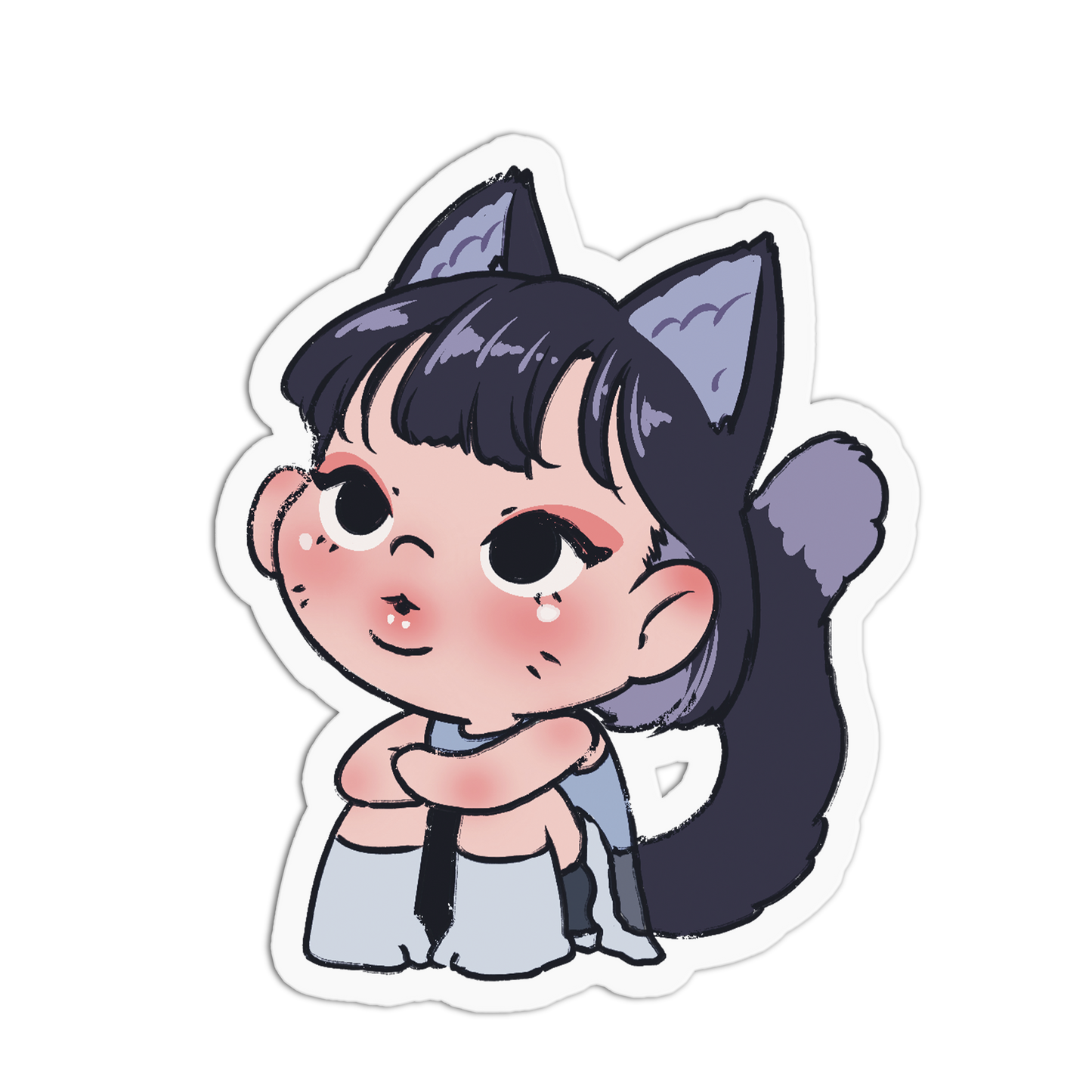 A die-cut cartoon sticker featuring a chibi-style girl with dark purple cat ears and a long tail, wearing a light blue sleeveless top and white shorts, shown on a plain white background.