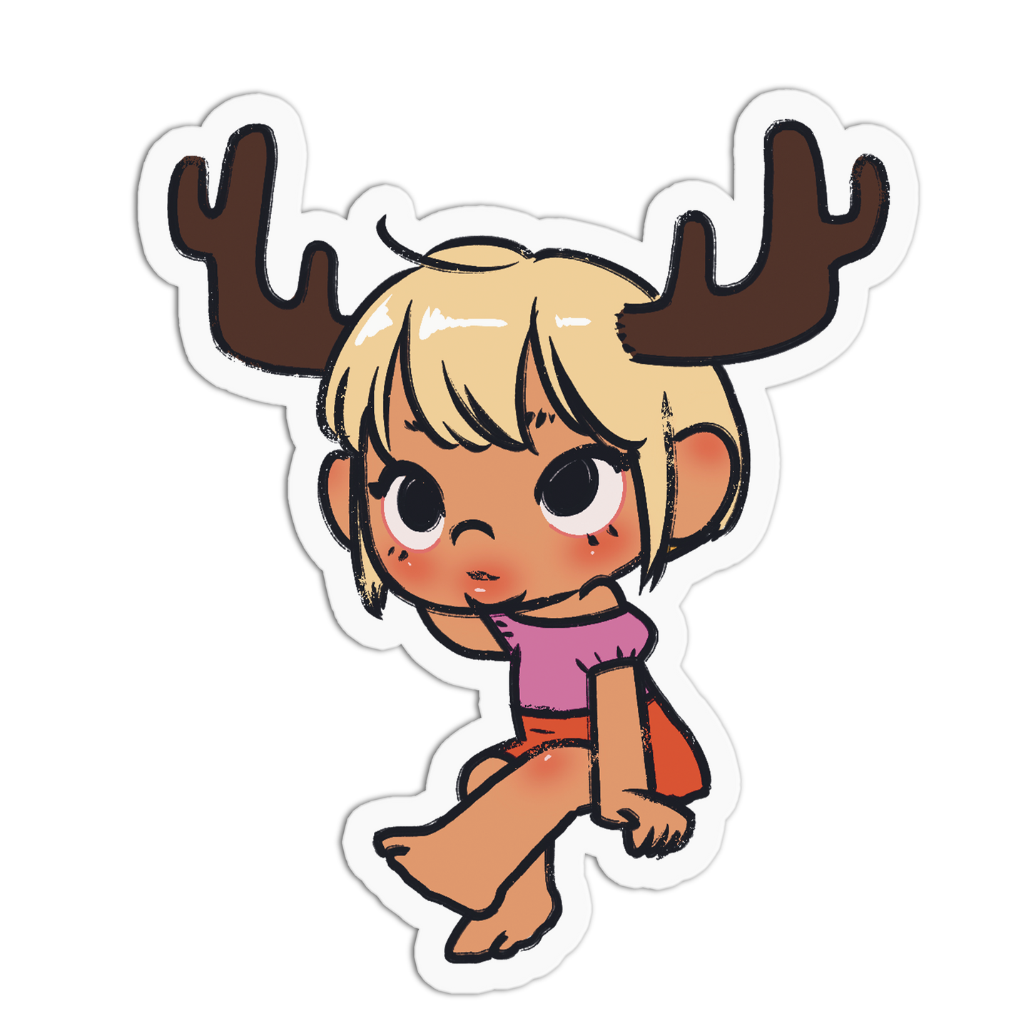 A die-cut sticker featuring a cute chibi-style cartoon girl with blonde hair, large expressive eyes, brown antlers, a pink top, and orange pants, shown on a plain white background.