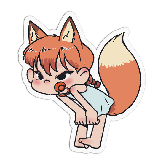 A cartoon die-cut sticker featuring an angry fox-girl character with orange hair, a large orange tail, and a pacifier, shown on a plain white background.