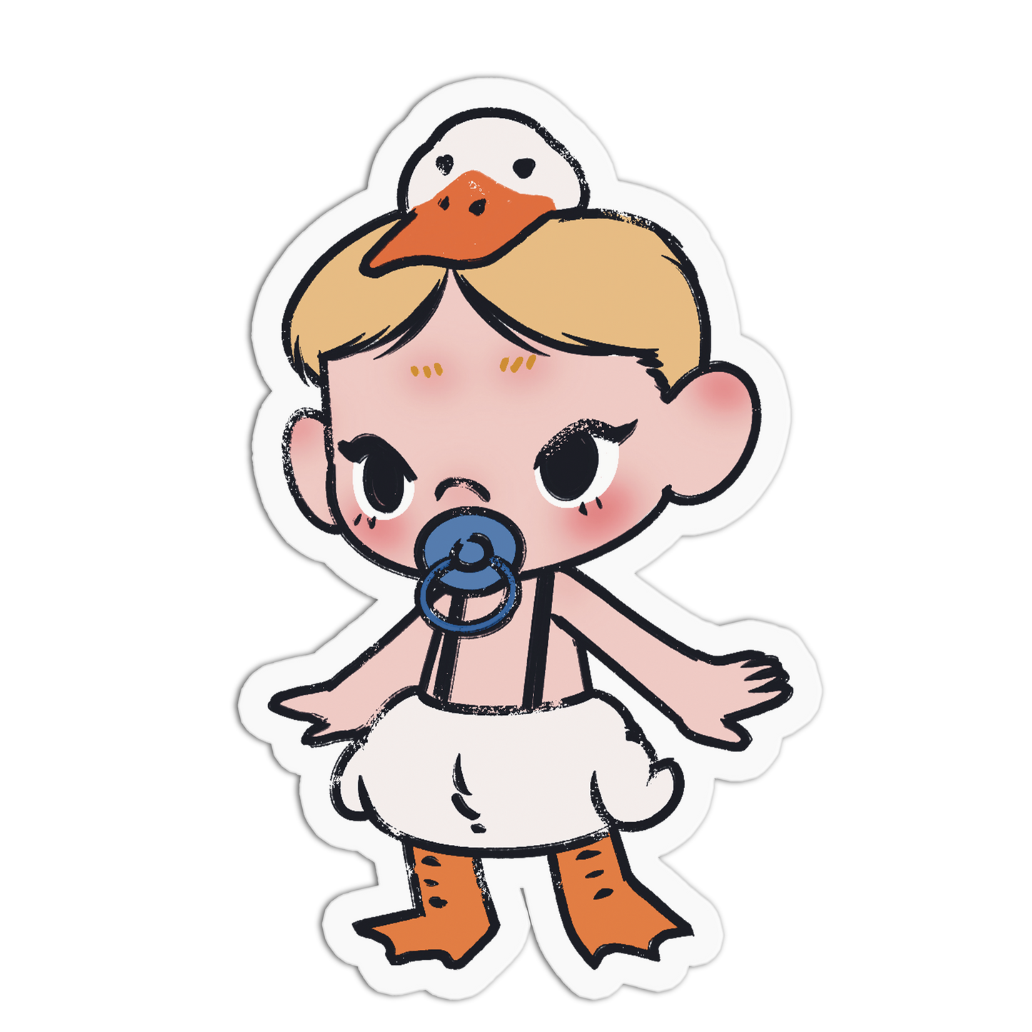 A cartoon die-cut sticker of a baby duck character with blonde hair, a blue pacifier, and orange beak and feet, shown on a plain white background.