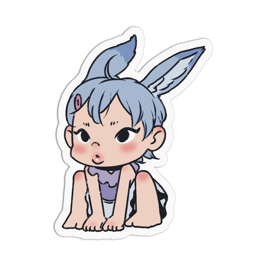 A die-cut vinyl sticker featuring a chibi-style cartoon character with blue-gray bunny ears, rosy cheeks, and a purple top, shown on a plain white background.