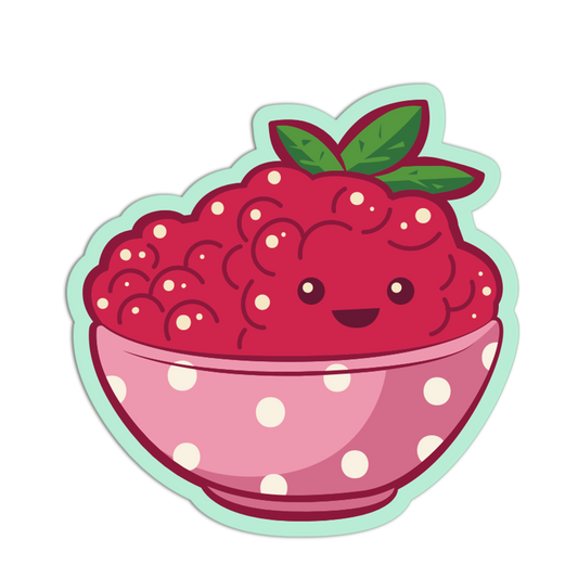 Cartoon raspberry in a polka dot bowl with a happy face on a white background
