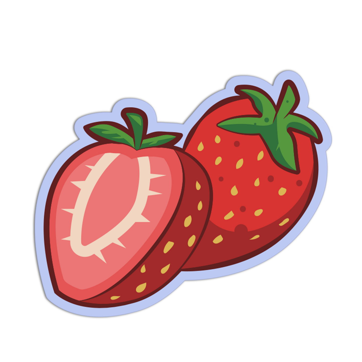 Cartoon-style strawberry with a cut half on a white background