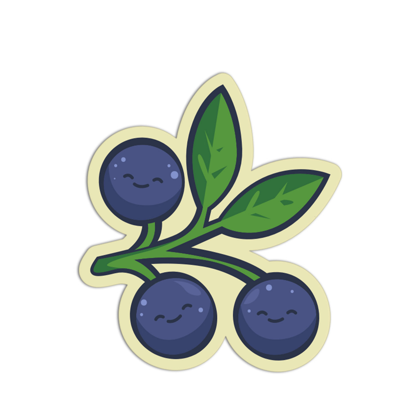 Cartoon blueberries with smiling faces and green leaves on a white background