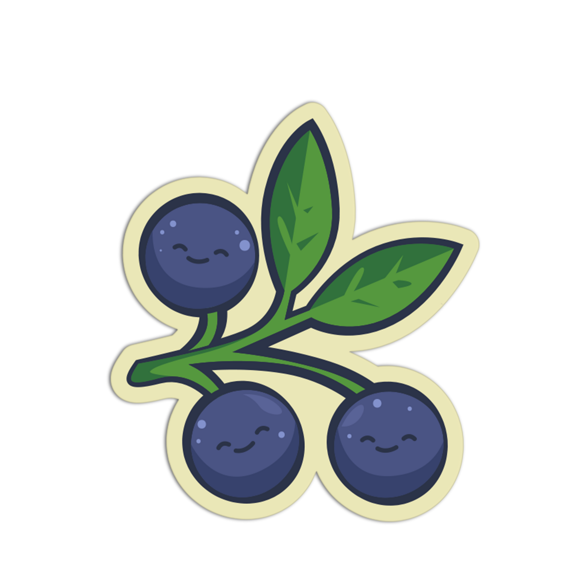 Cartoon blueberries with smiling faces and green leaves on a white background