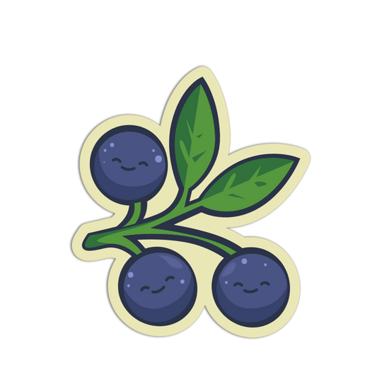 Cartoon blueberries with smiling faces and green leaves on a white background